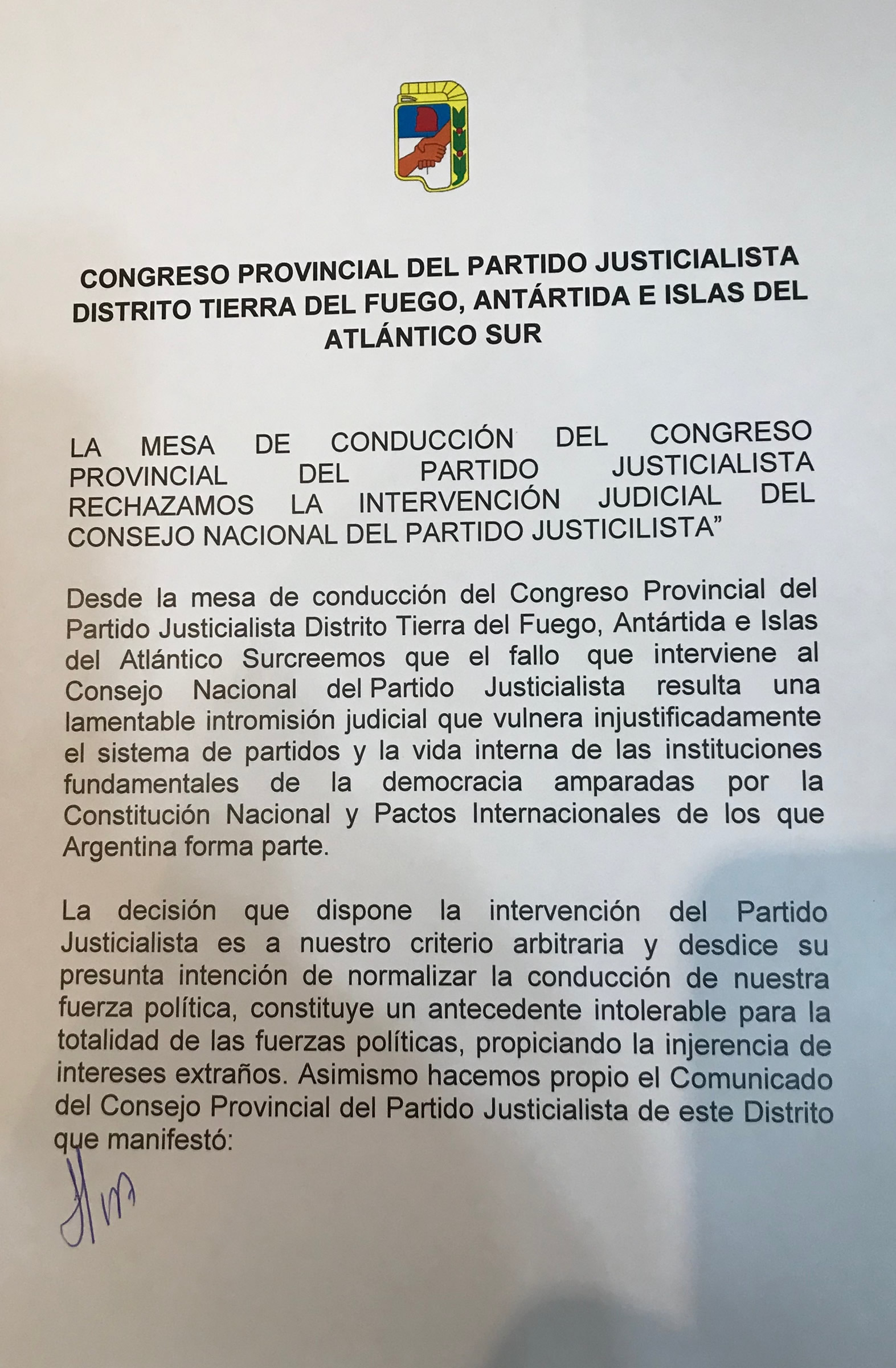 Photo of COMUNICADO DEL CONGRESO PROVINCIAL DEL PARTIDO JUSTICIALISTA TDF