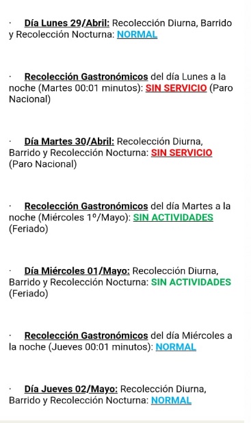 Photo of SE INFORMA EL CRONOGRAMA DEL SERVICIO ANTE EL PARO DEL 30 DE ABRIL Y EL FERIADO DEL 1 DE MAYO