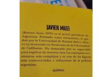 Photo of Javier Milei, recibido en la UBA y doctorado en California, según la solapa de un libro en España